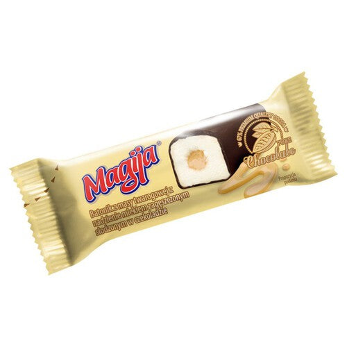 Batonik twarogowy z nadzieniem z mlekiem zagęszczonym słodzonym w czekoladzie. Magija 40 g