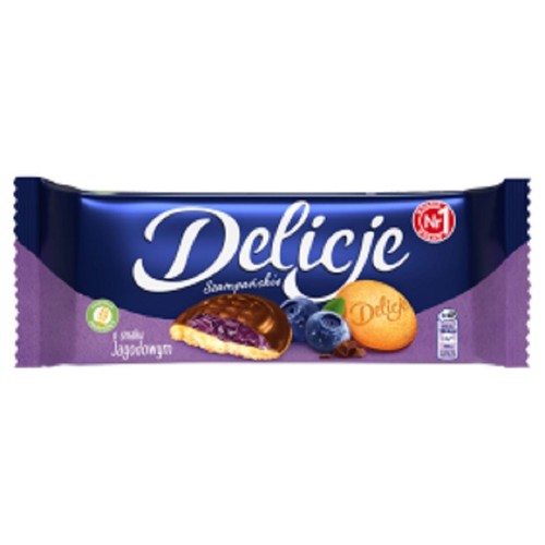 Biszkopty z galaretką o smaku jagodowym oblane czekoladą Delicje 147 g