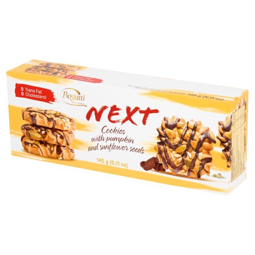 Ciastka kruche z ziarnami słonecznika i dyni dekorowane polewą kakaową Bogutti 145 g