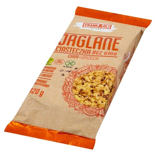 Ciastka wegańskie, bezglutenowe, bez laktozy jaglane z dodatkiem orzecha ziemnego i nasion szałwii hiszpańskiej „Chia" (Salvia hispanica).  Frank&Oli 120 g